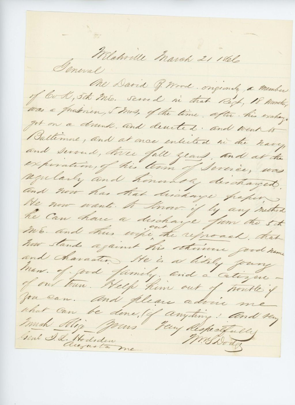 Miniature of William S. Dodge requests the charge of desertion be removed from David R. Wood of Company K and the U.S. Navy