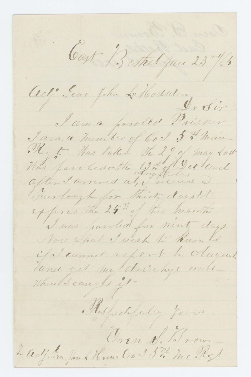Miniature of Oren S. Brown requests his discharge