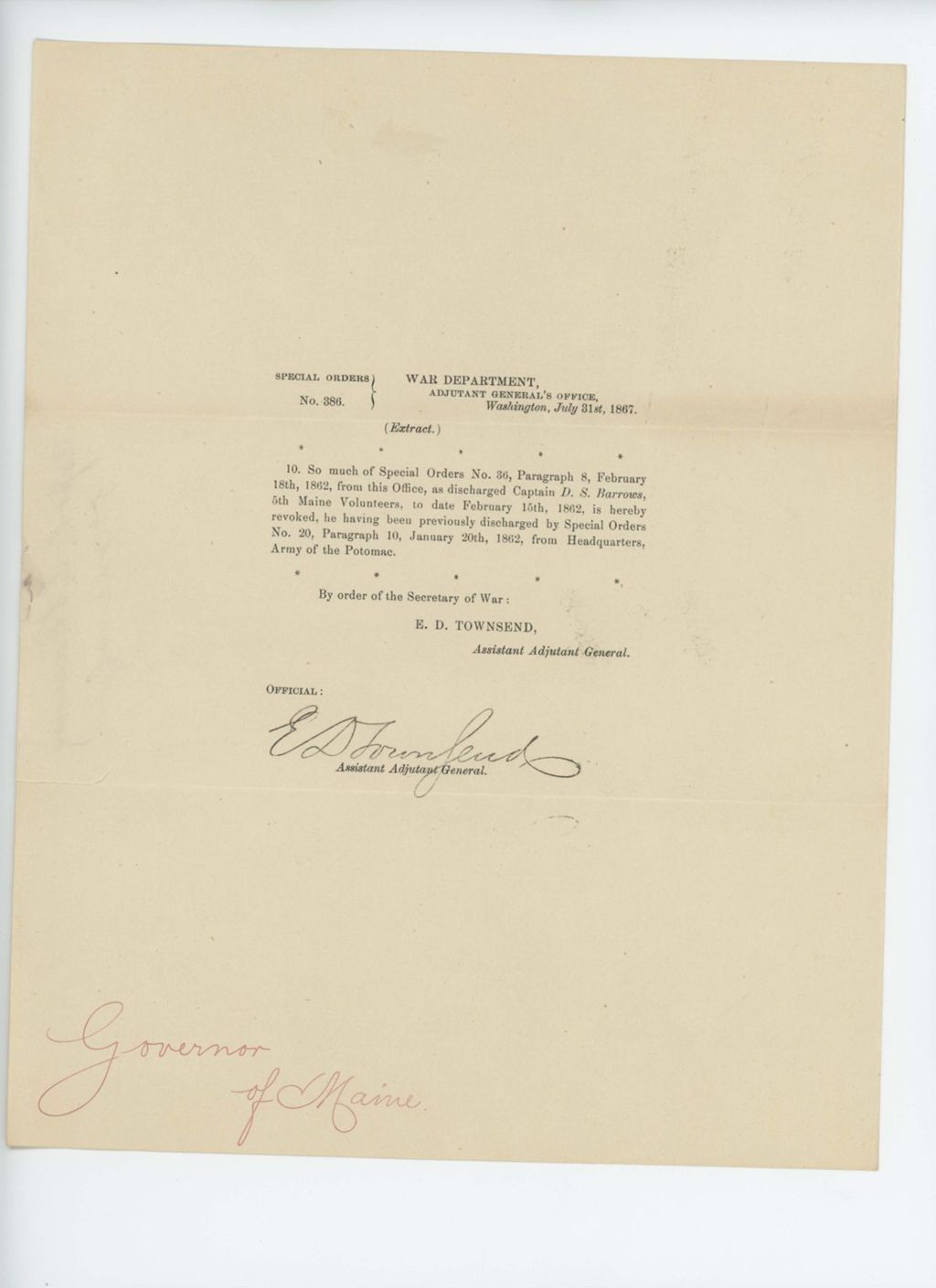 Miniature of Special Order 386 revoking Order 36 regarding Captain D.S. Barrows