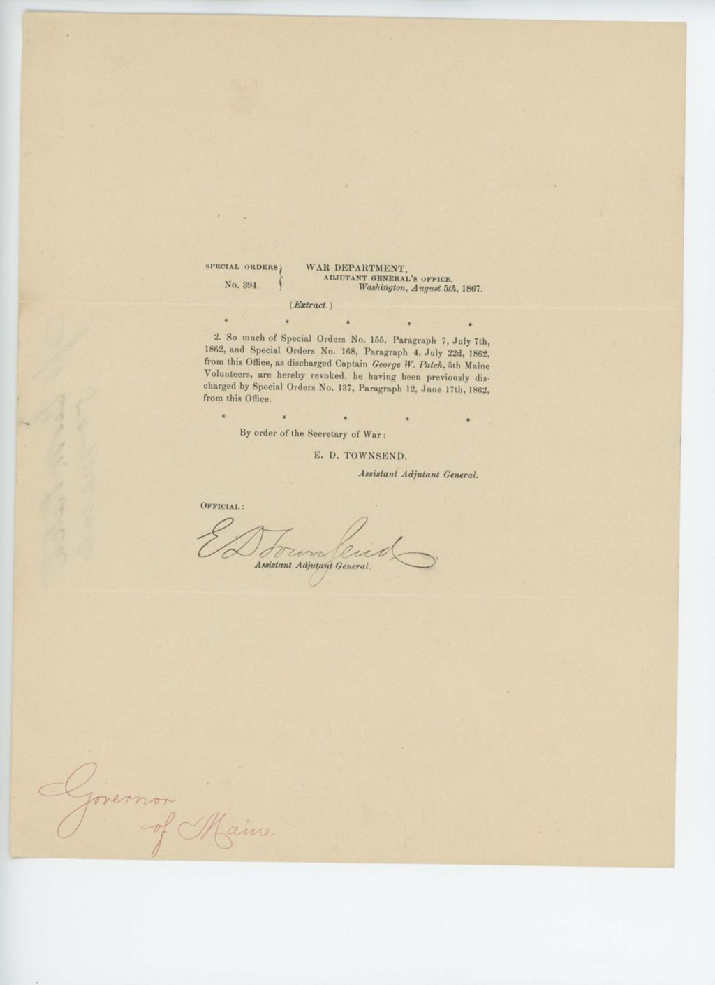 Miniature of Special Order 394 revoking Order 155 regarding Captain George W. Patch