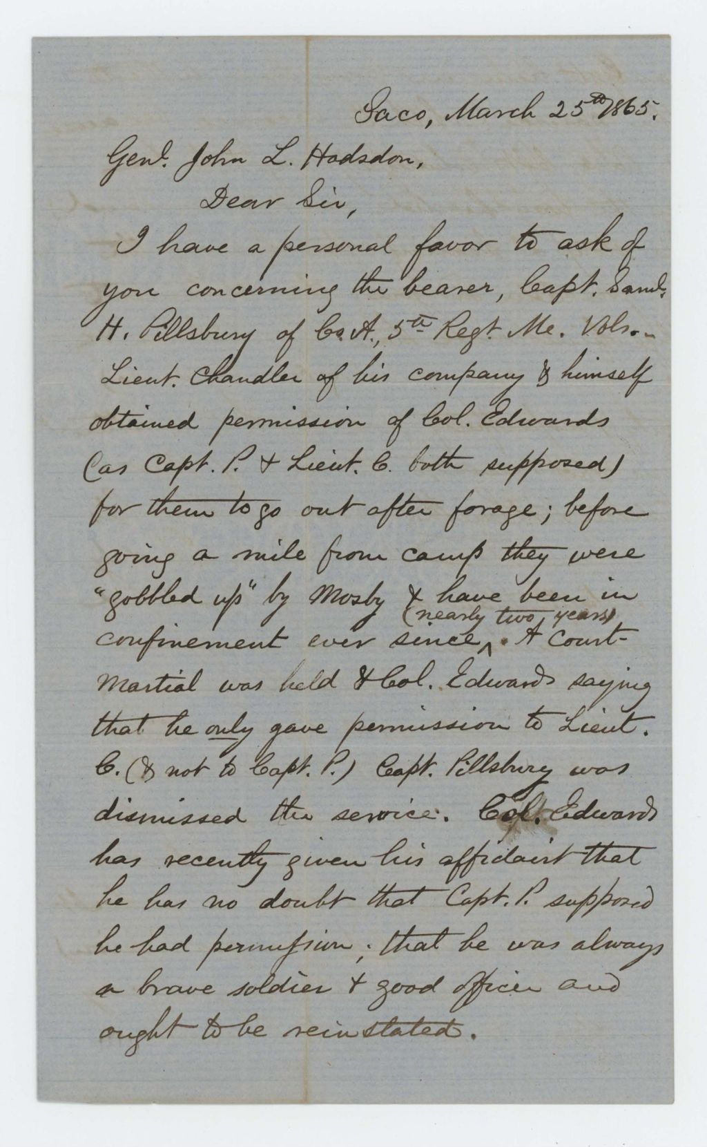 Miniature of Edwin B. Smith requests justice for Captain Samuel H. Pillsbury