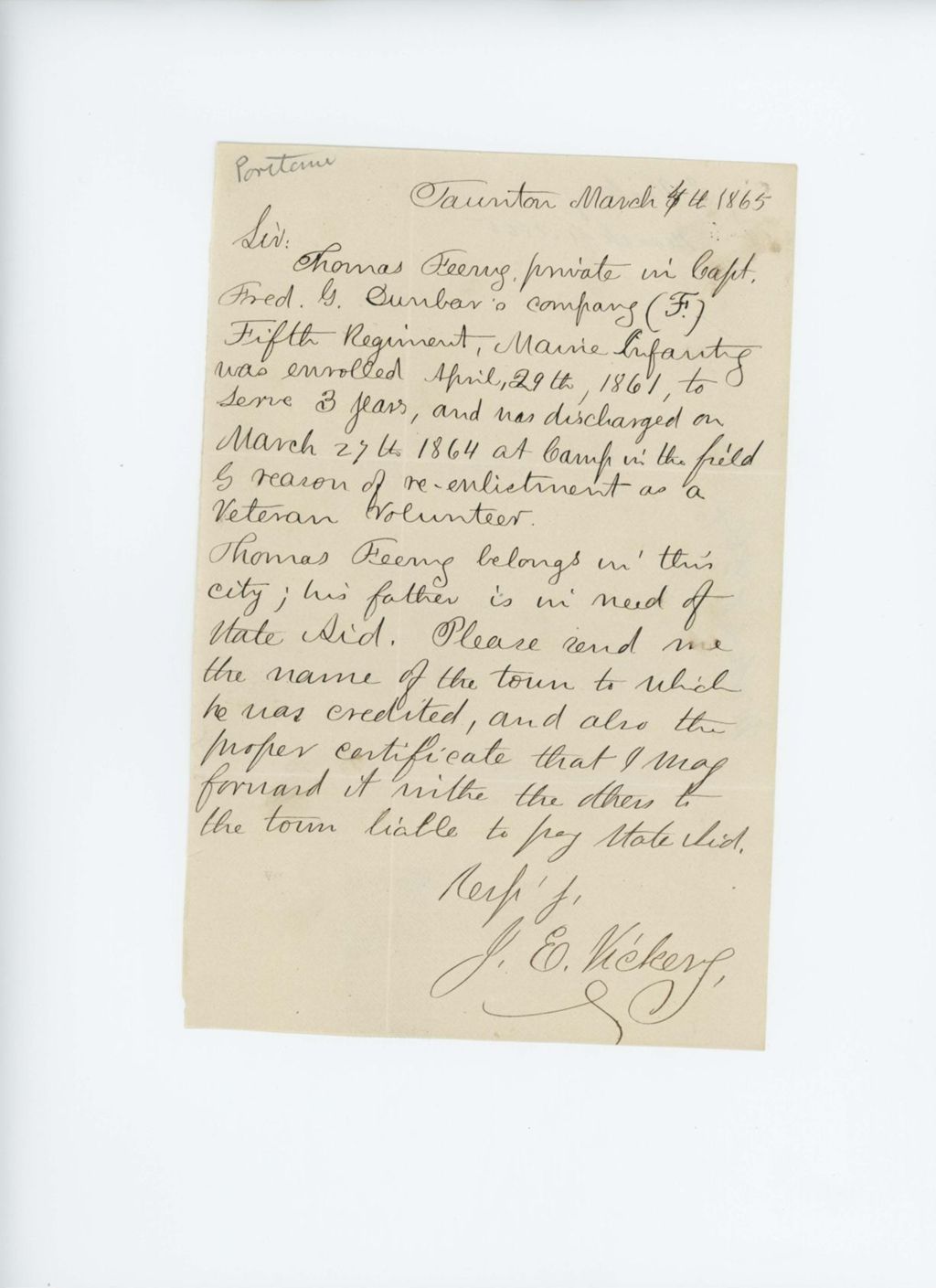 Miniature of J.E. Vickery writes for state aid on behalf of Thomas Feeny in Company F