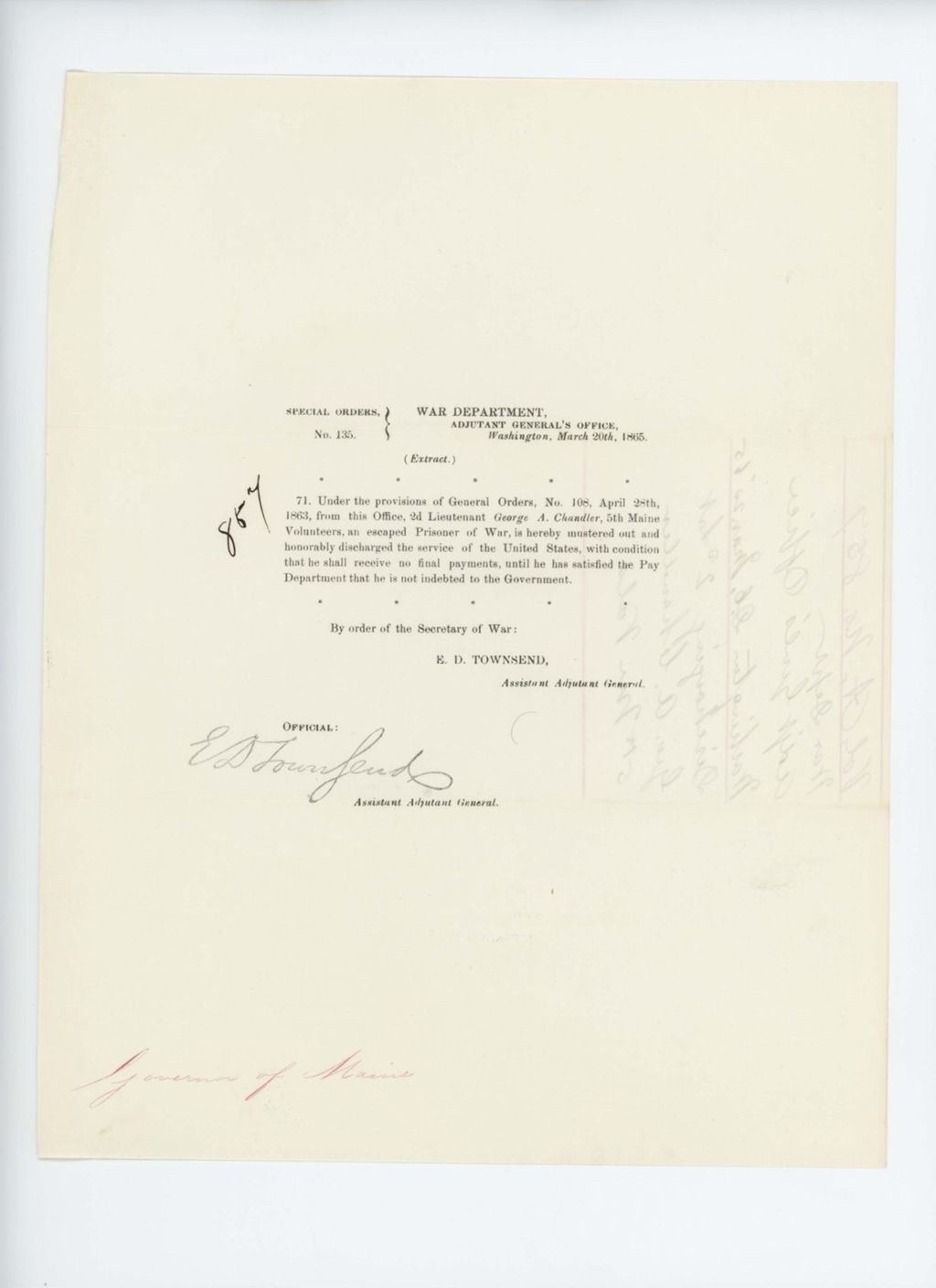 Miniature of Special Order 135 honorably discharging Lieutenant George A. Chandler, escaped prisoner of war