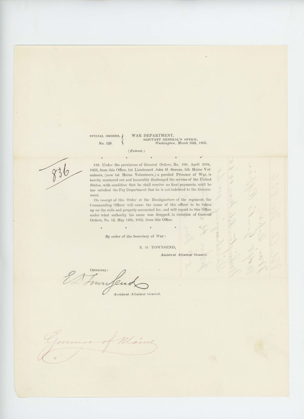 Miniature of Special Order 128 honorably discharging Lieutenant John H. Stevens, prisoner of war