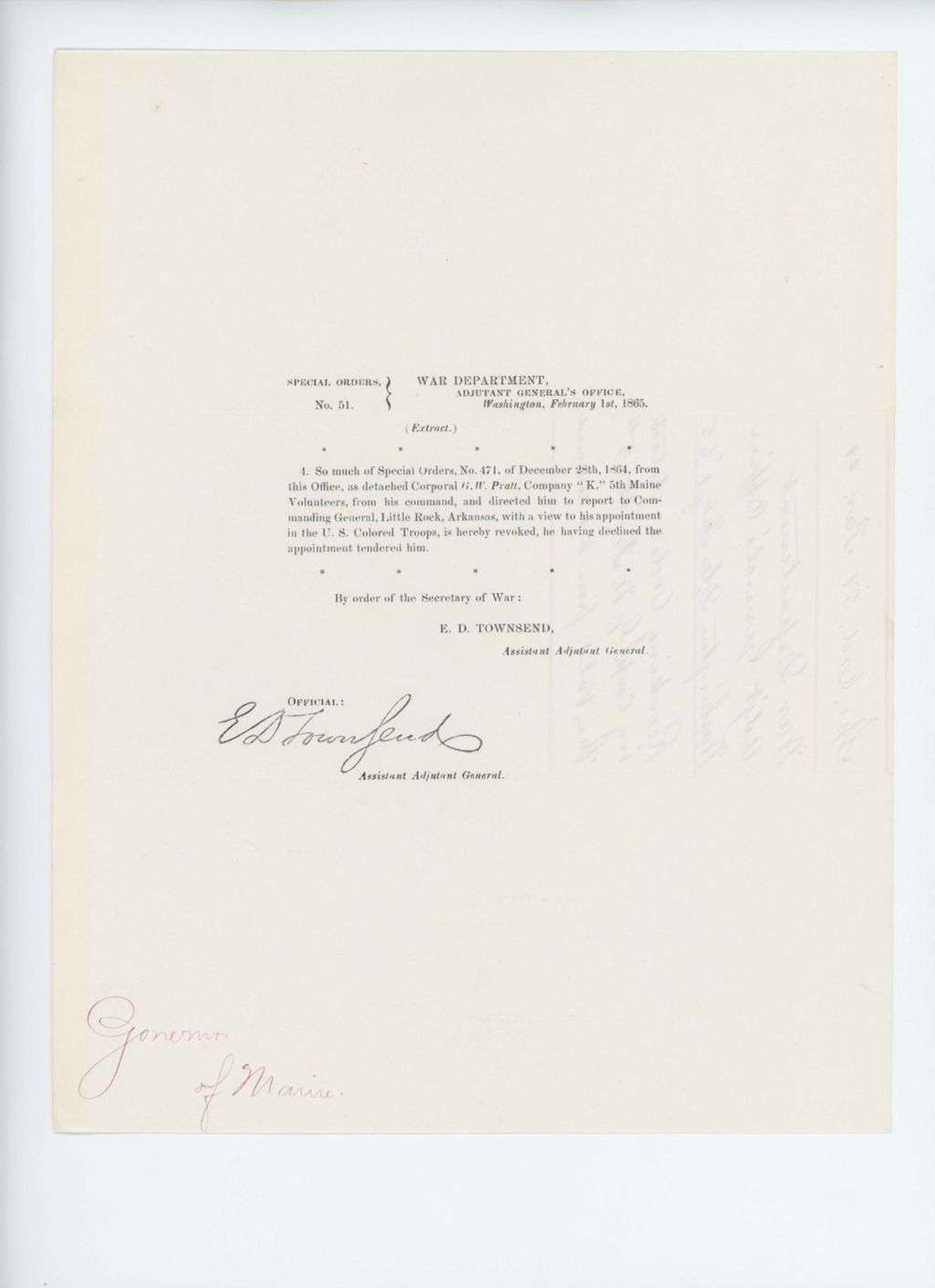 Miniature of Special Order 51 revoking Order 471 regarding G.W. Pratt of Company K