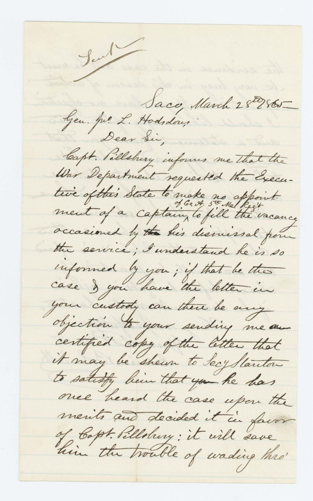 Miniature of Edwin B. Smith writes General Hodsdon again on behalf of Samuel Pillsbury