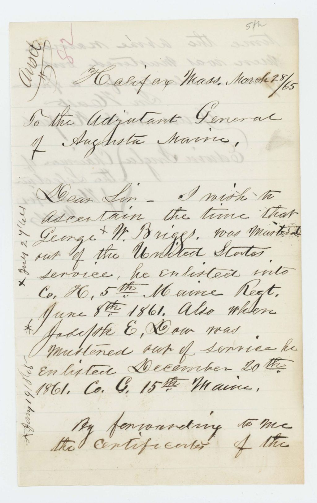 Miniature of Edwin Ingler requests muster dates for George W. Briggs and Joseph E. Dow