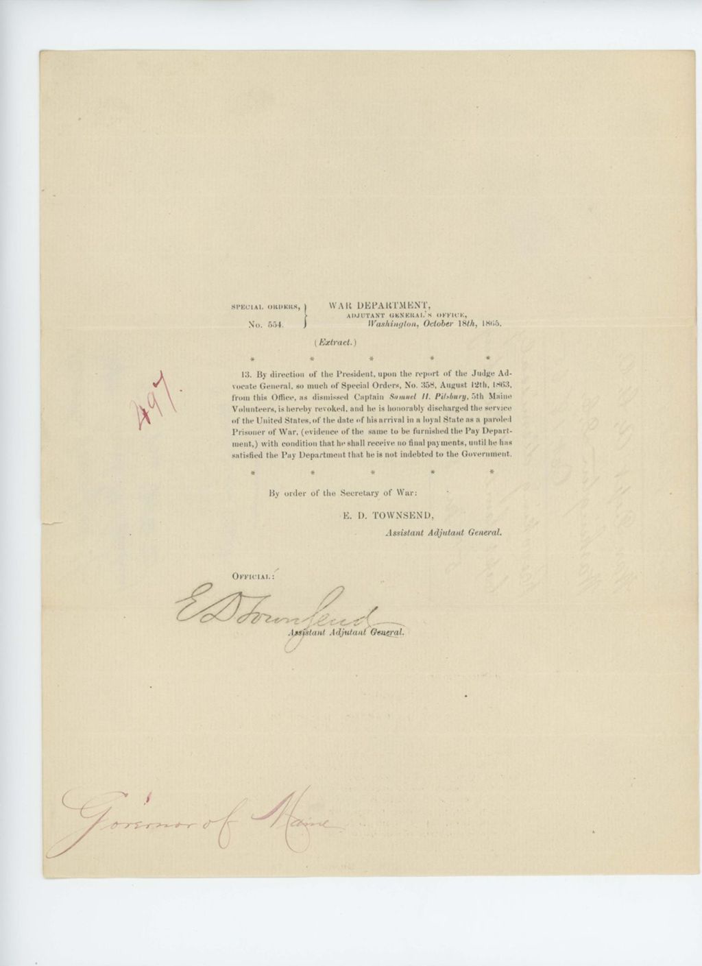 Miniature of Special Order 554 honorably discharging Samuel H. Pilsbury as a paroled prisoner of war