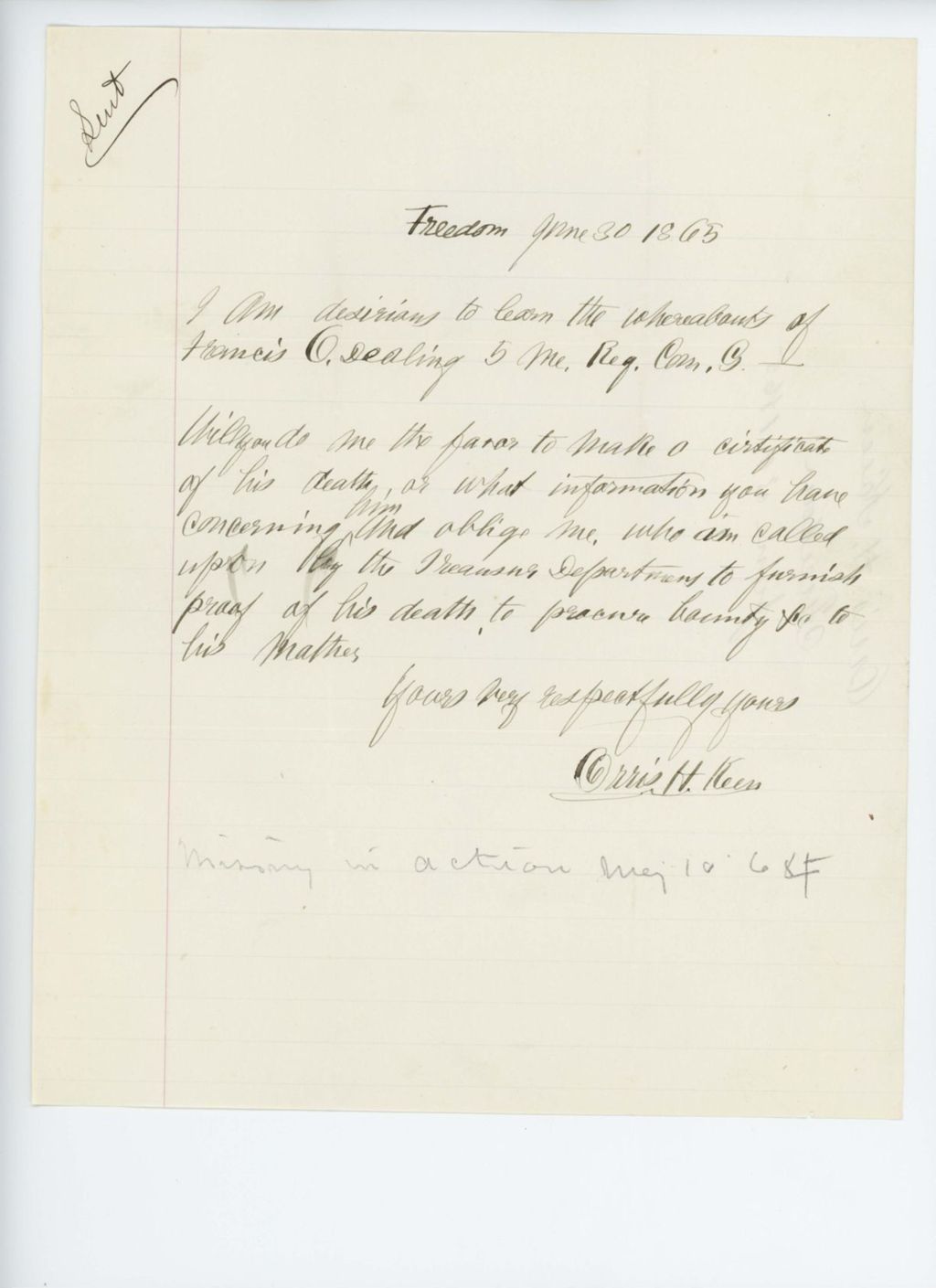 Miniature of Orris H. Keen requests certificate of death for Francis O. Dealing