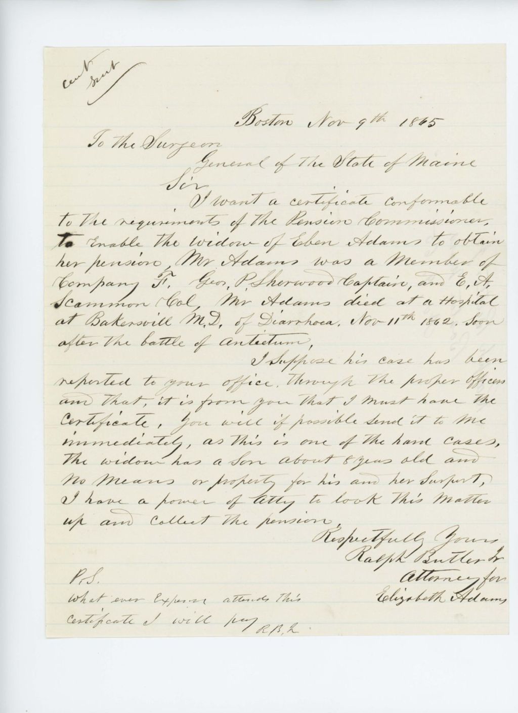 Miniature of Ralph Butler requests a certificate for the widow of Eben Adams for pension
