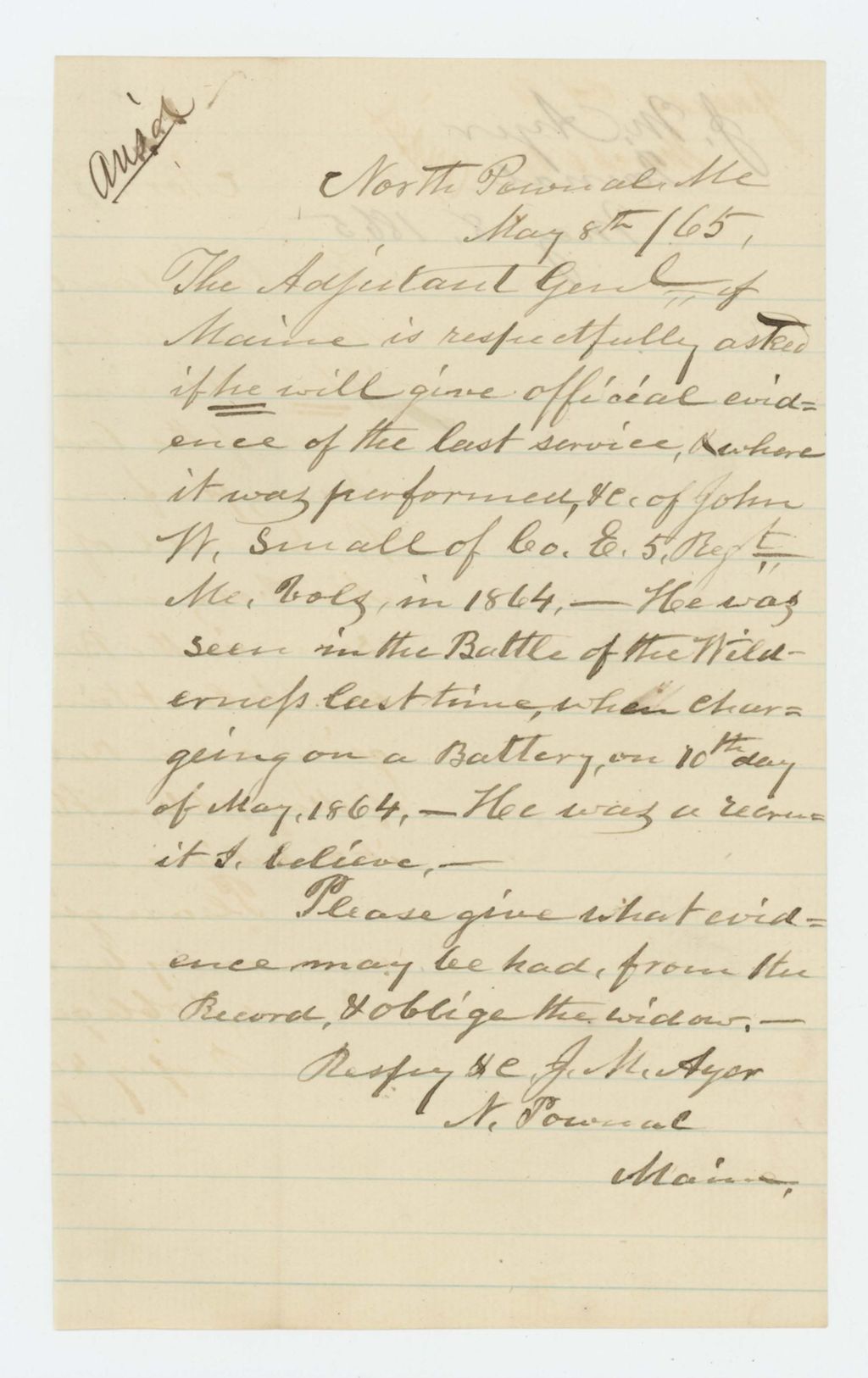 Miniature of J.M. Ayer requests information on John W. Sewall, last seen charging at a battery at the Battle of the Wilderness