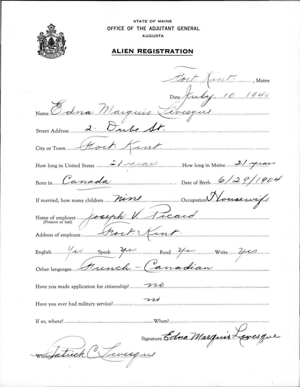 Miniature of Alien Registration- Levesque, Edna M. (Fort Kent, Aroostook County)