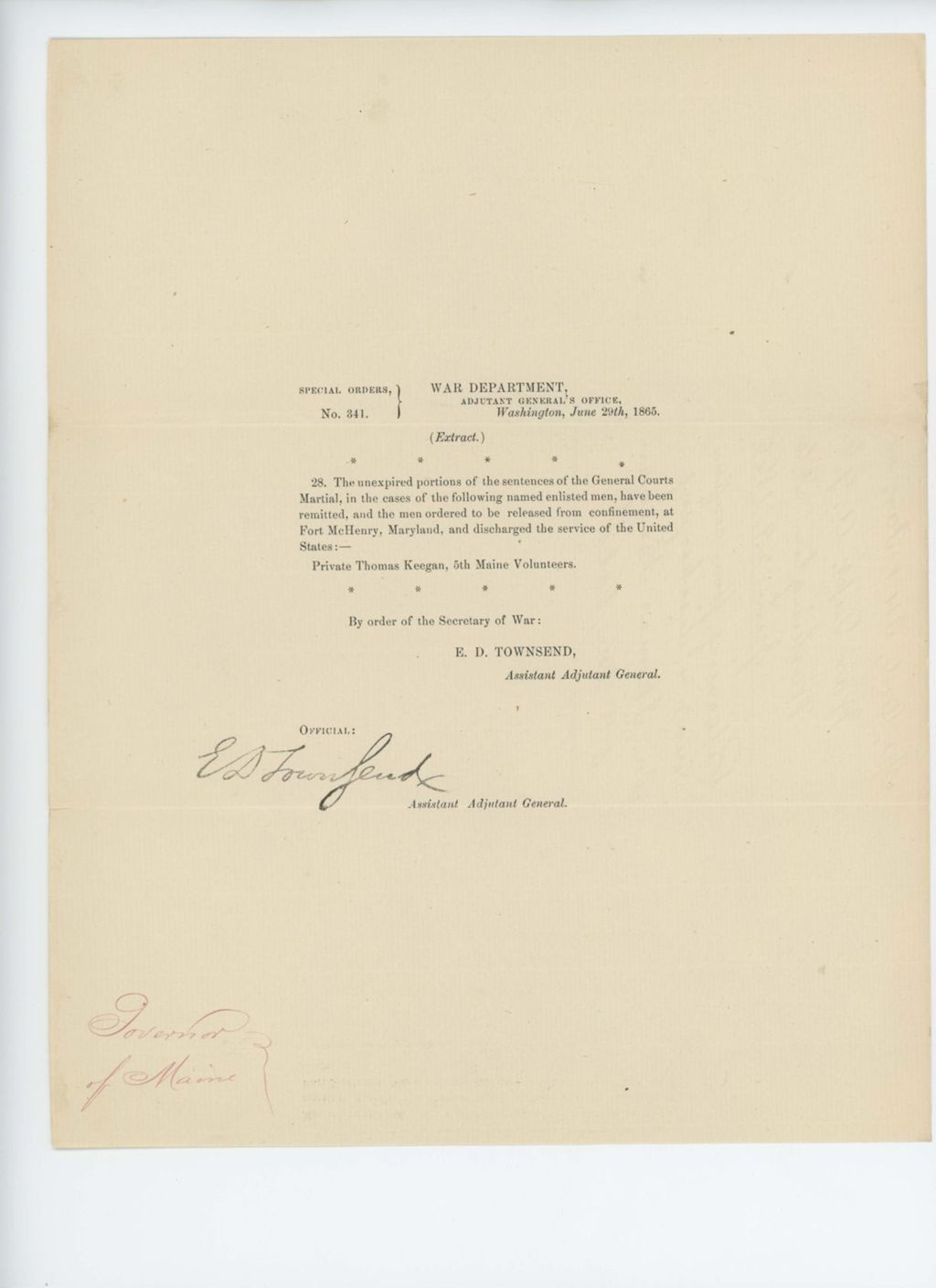Miniature of Special Order 341 remitting court martial of Thomas Keegan and releasing him from confinement