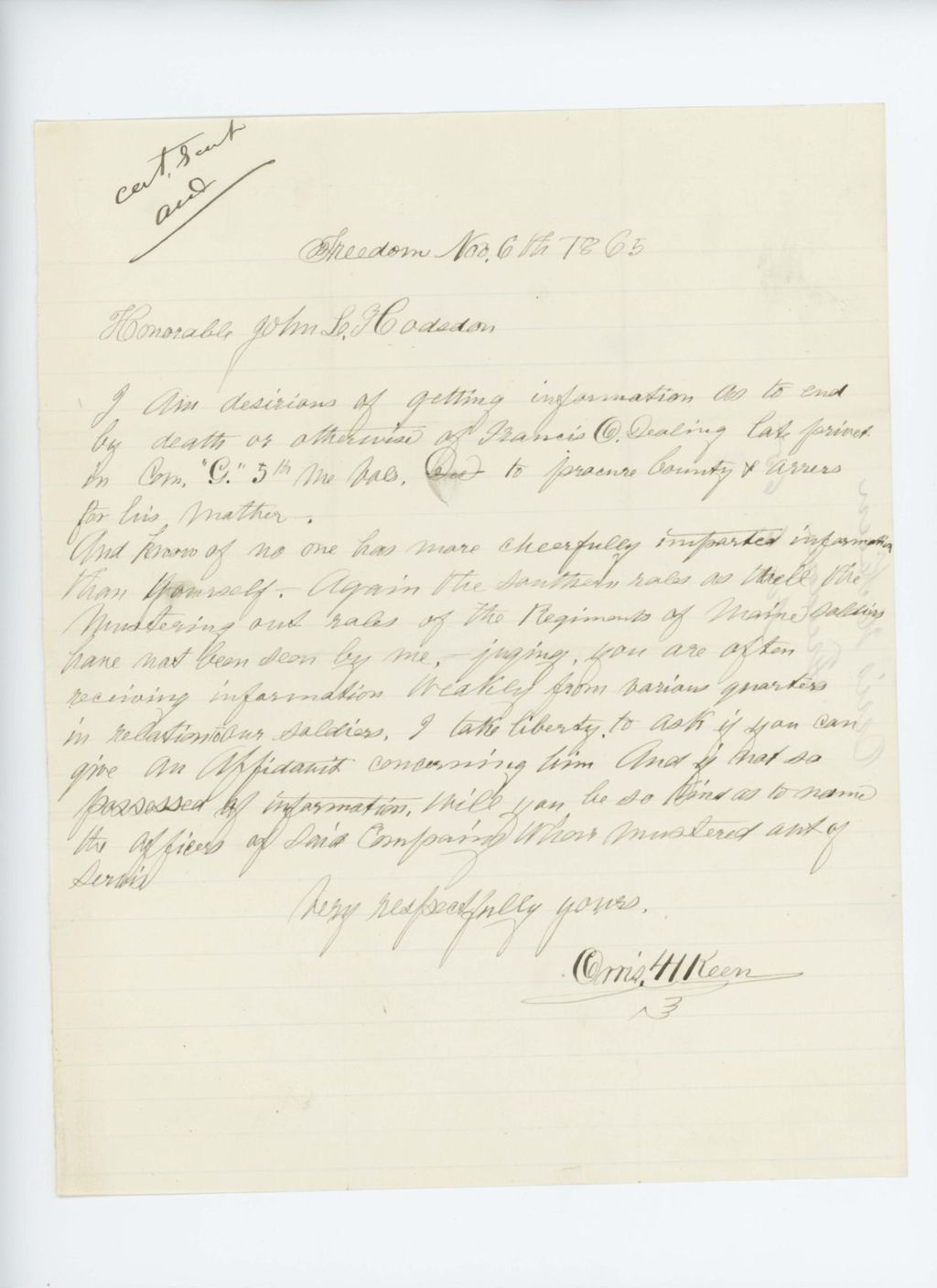 Miniature of Orris Keen again requests information about Francis O. Dealing