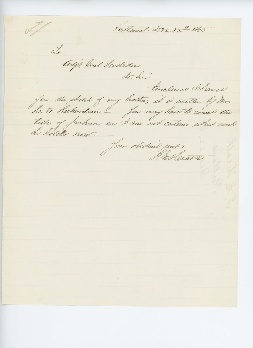Miniature of F.E. Heath forwards a biographical sketch of his brother written by H. Richardson