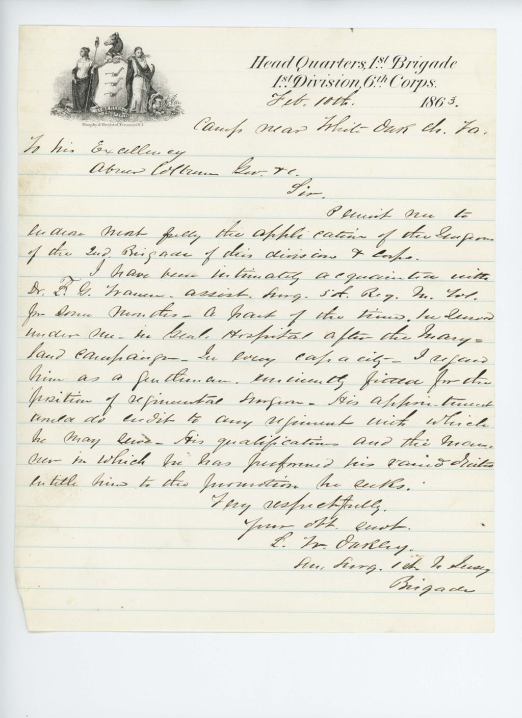 Miniature of Surgeon L. W. Oakley recommends Dr. Warren for surgeon's position