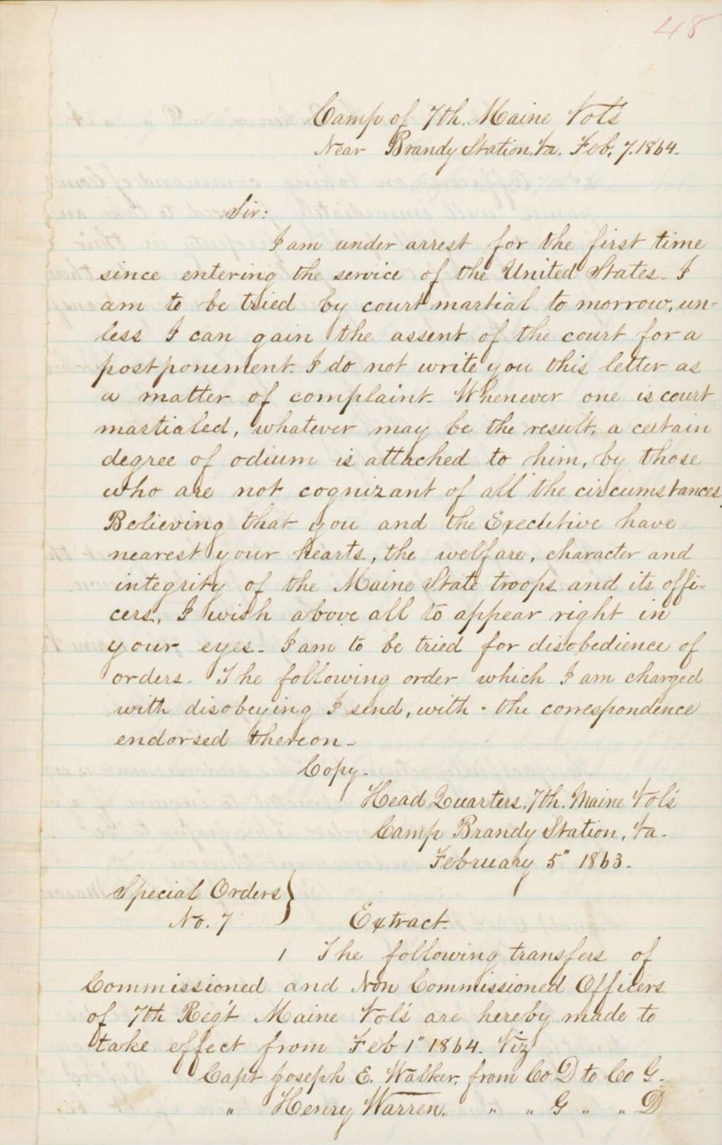 Miniature of Letter from Hyde Regarding the Promotion of Freeze, February 3, 1863