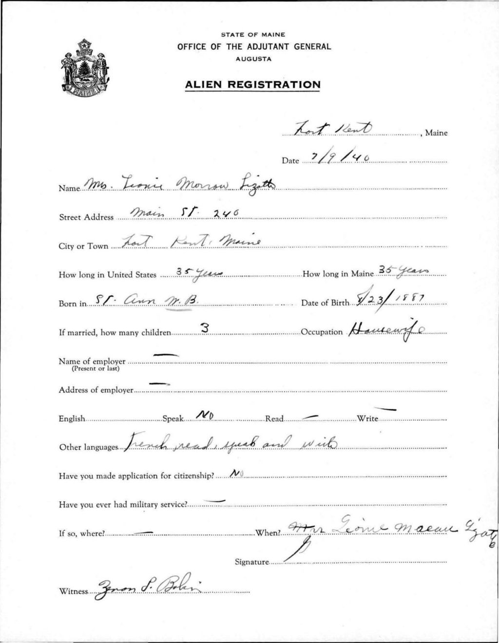 Miniature of Alien Registration- Lizotte, Leone M. (Fort Kent, Aroostook County)