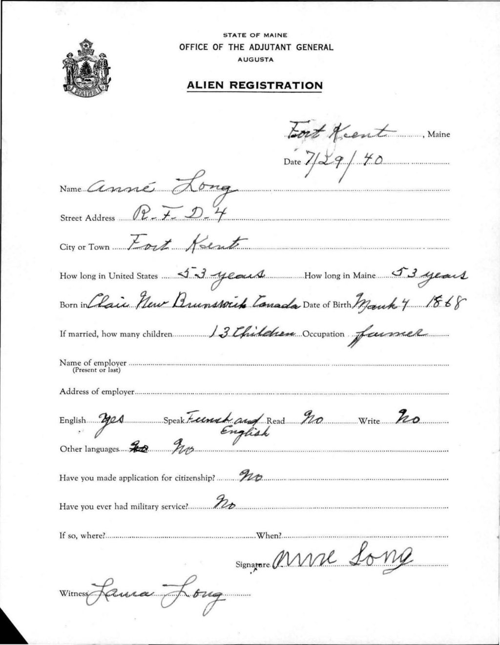 Miniature of Alien Registration- Long, Anne (Fort Kent, Aroostook County)