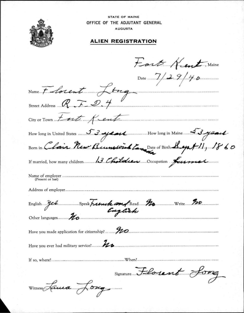 Miniature of Alien Registration- Long, Florent (Fort Kent, Aroostook County)