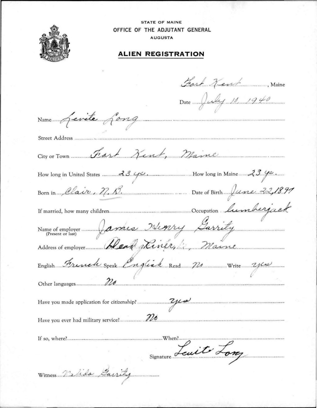 Miniature of Alien Registration- Long, Levite (Fort Kent, Aroostook County)