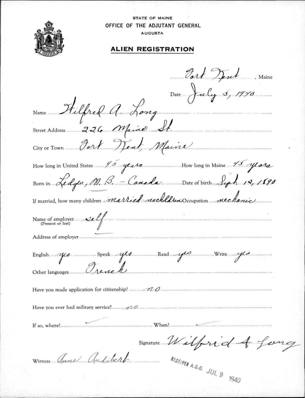 Miniature of Alien Registration- Long, Wilfred A. (Fort Kent, Aroostook County)