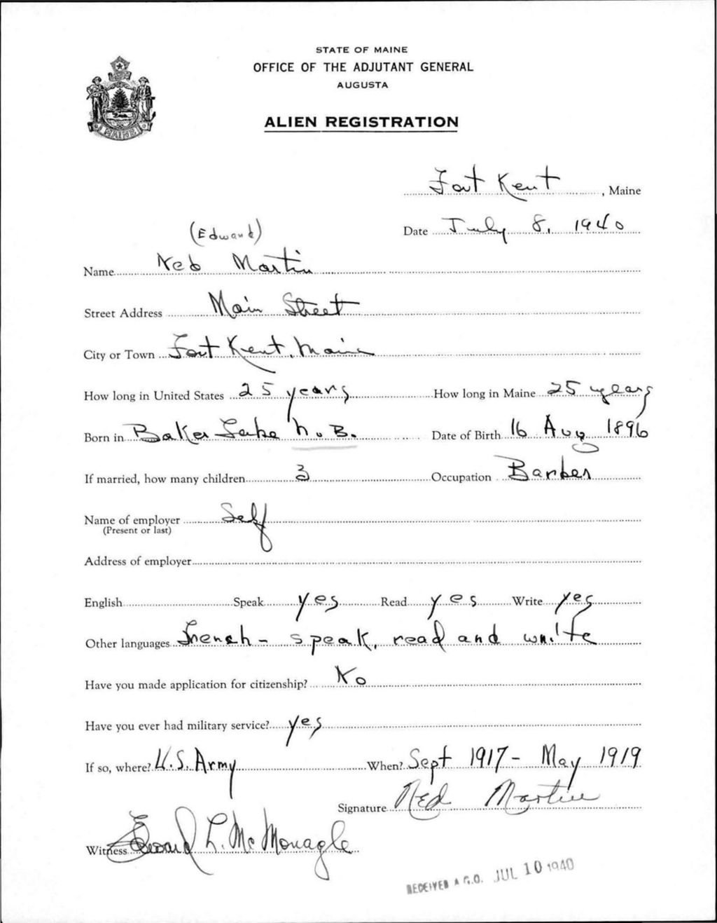 Miniature of Alien Registration- Martin, Ned E. (Fort Kent, Aroostook County)