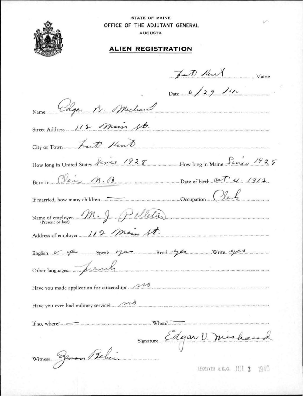 Miniature of Alien Registration- Michaud, Edgar V. (Fort Kent, Aroostook County)