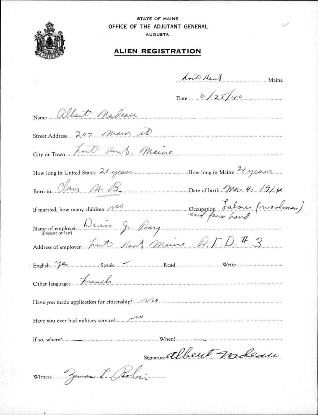 Miniature of Alien Registration- Nadeau, Albert (Fort Kent, Aroostook County)