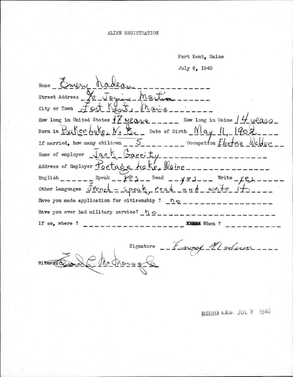 Miniature of Alien Registration- Nadeau, Emery (Fort Kent, Aroostook County)