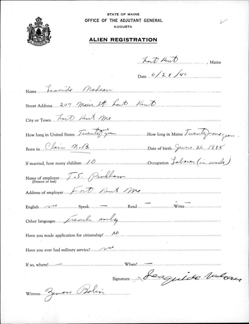 Miniature of Alien Registration- Nadeau, Leacuide (Fort Kent, Aroostook County)