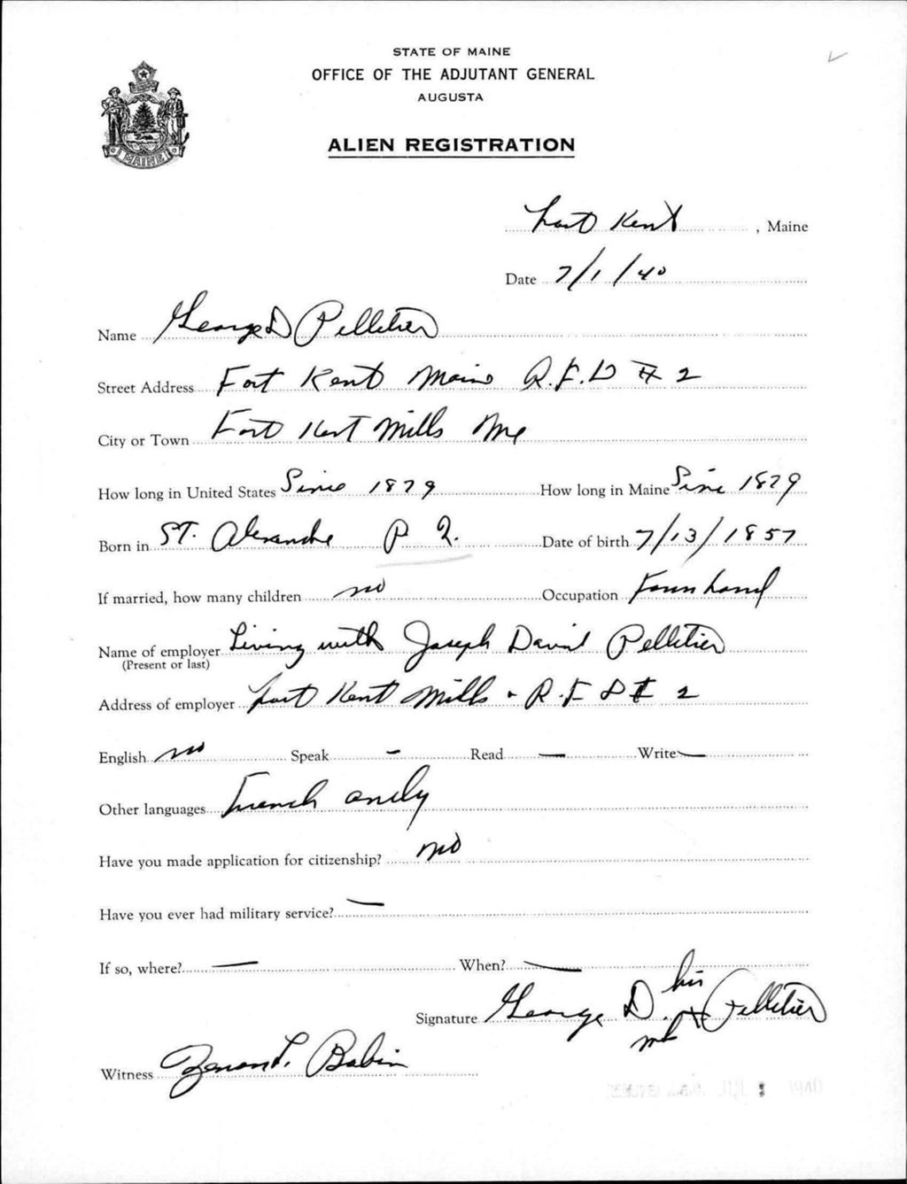 Miniature of Alien Registration- Pelletier, George D. (Fort Kent, Aroostook County)