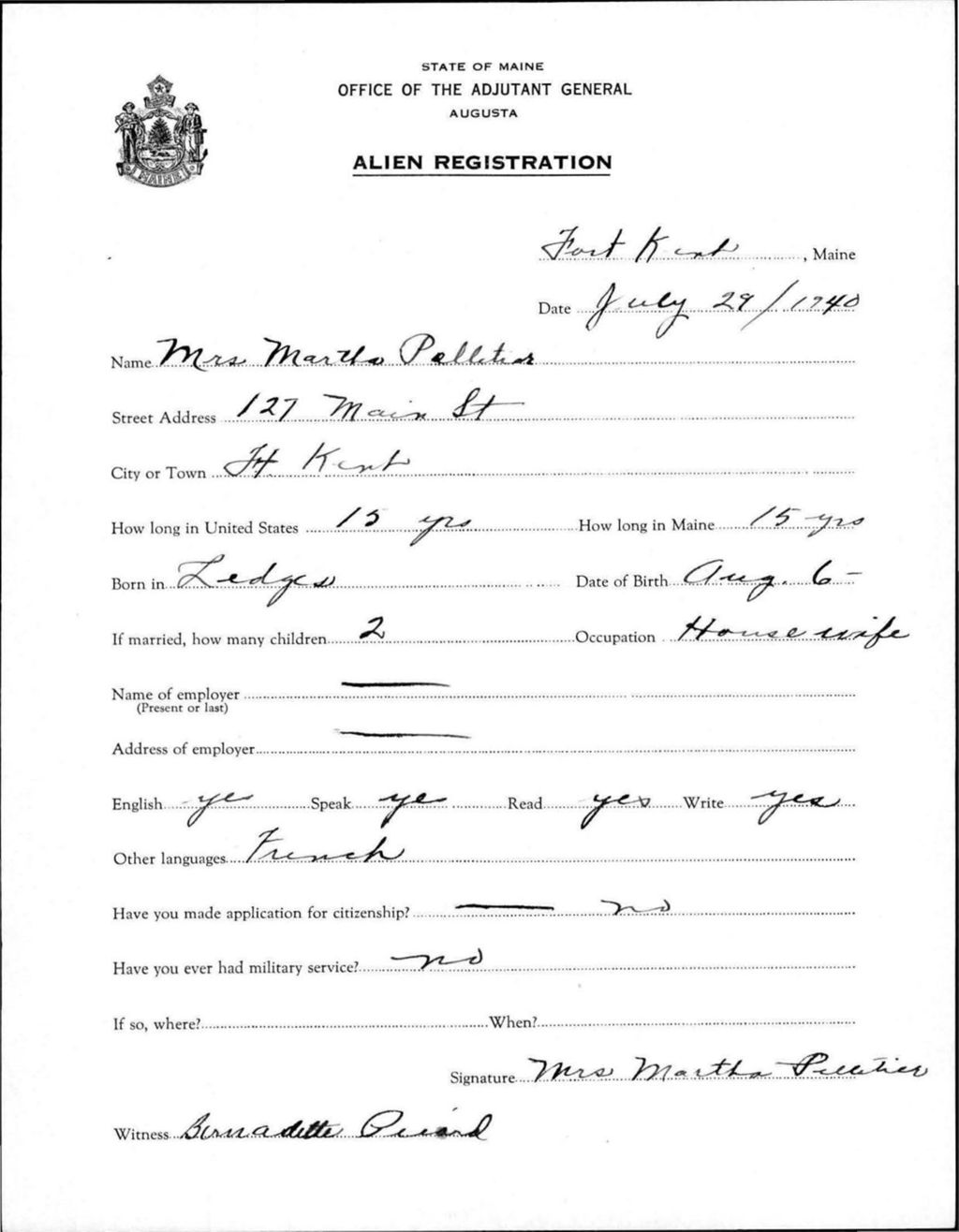 Miniature of Alien Registration- Pelletier, Martha (Fort Kent, Aroostook County)