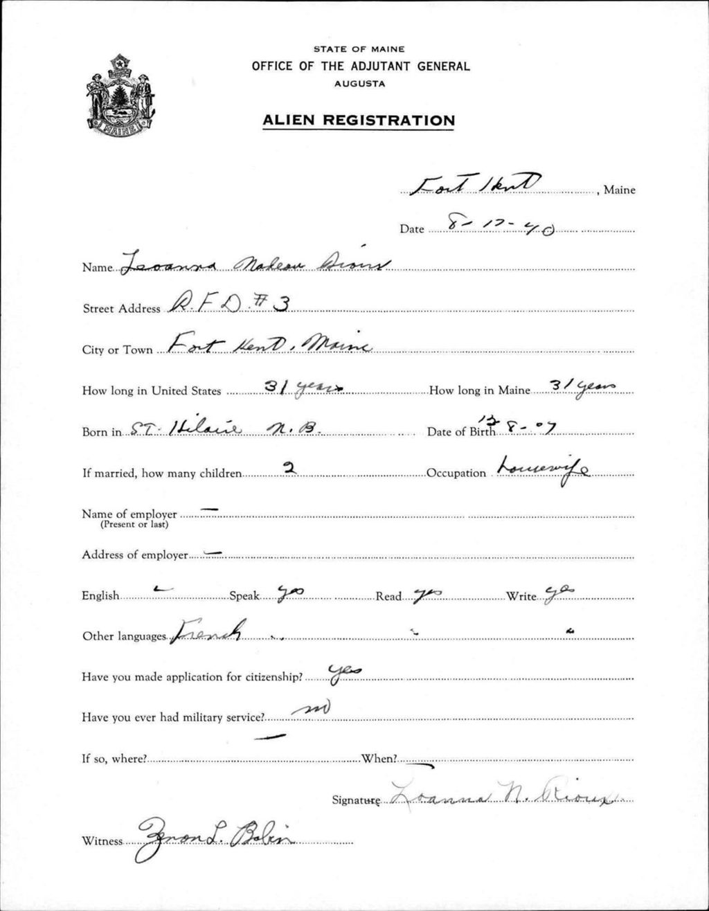 Miniature of Alien Registration- Rioux, Leoanna N. (Fort Kent, Aroostook County)