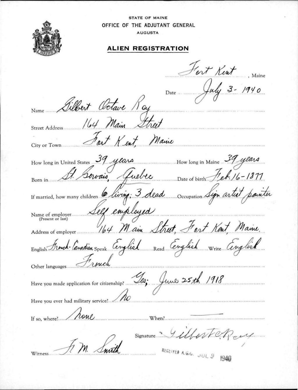 Miniature of Alien Registration- Ray, Gilbert O. (Fort Kent, Aroostook County)