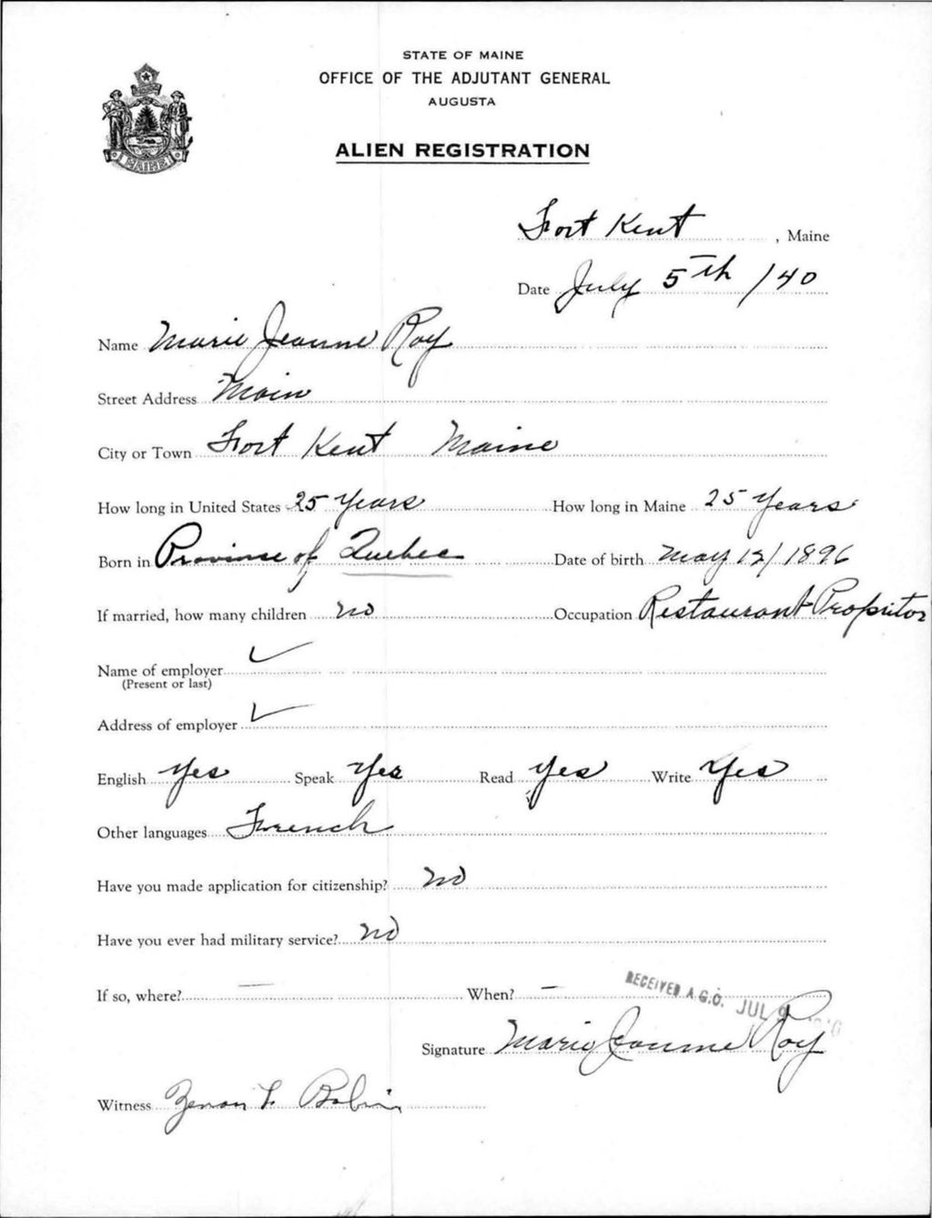 Miniature of Alien Registration- Roy, Marie J. (Fort Kent, Aroostook County)