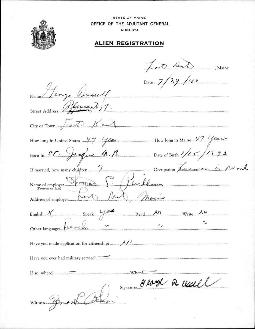 Miniature of Alien Registration- Russell, George (Fort Kent, Aroostook County)