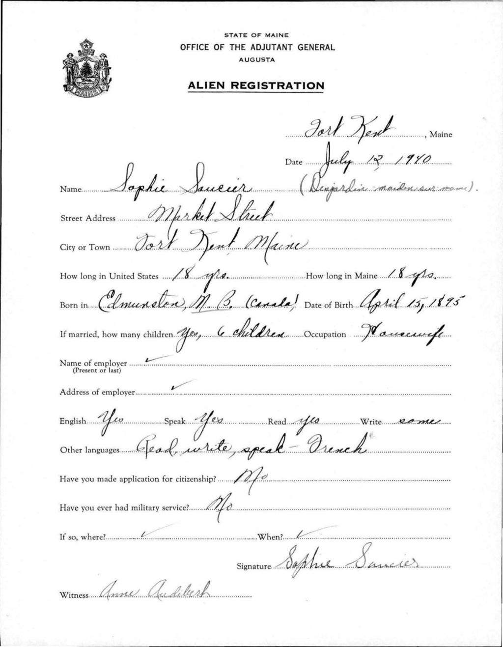 Miniature of Alien Registration- Saucier, Sophie (Fort Kent, Aroostook County)