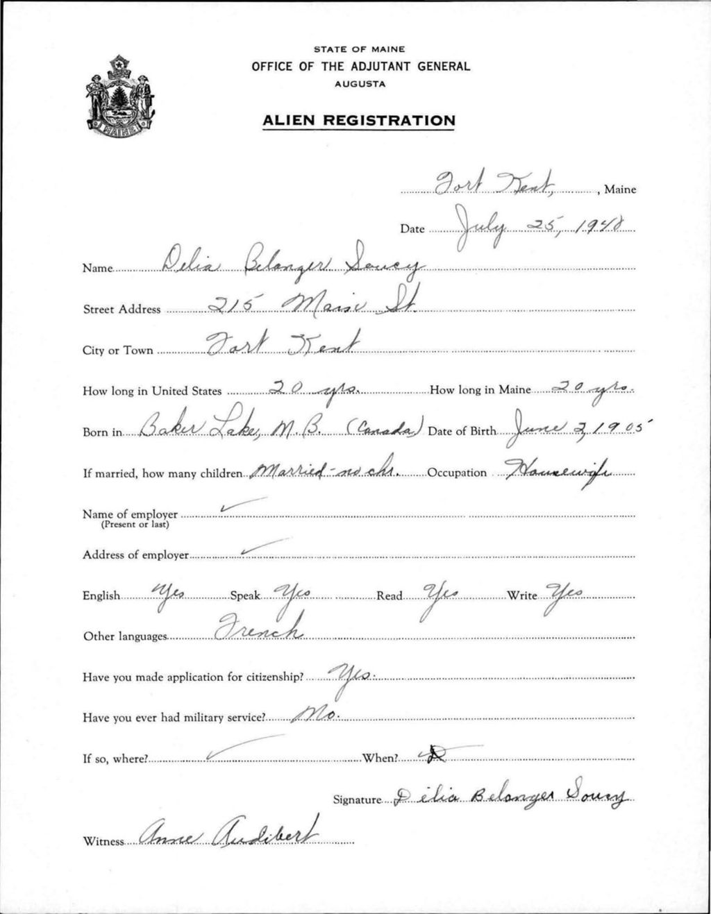 Miniature of Alien Registration- Soucy, Delia B. (Fort Kent, Aroostook County)
