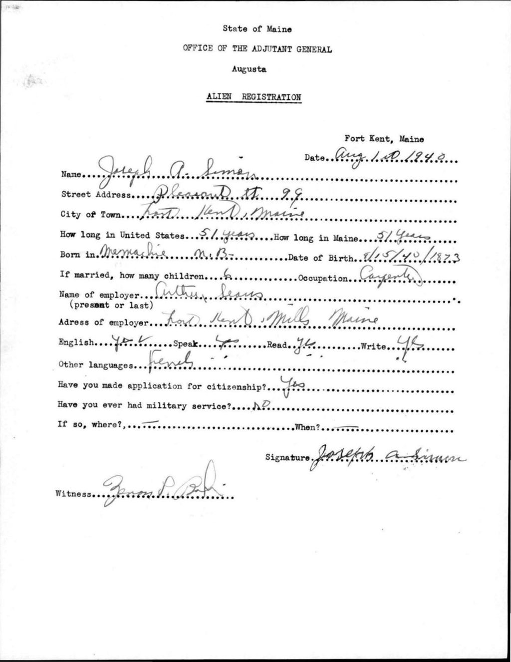 Miniature of Alien Registration- Simon, Joseph A. (Fort Kent, Aroostook County)