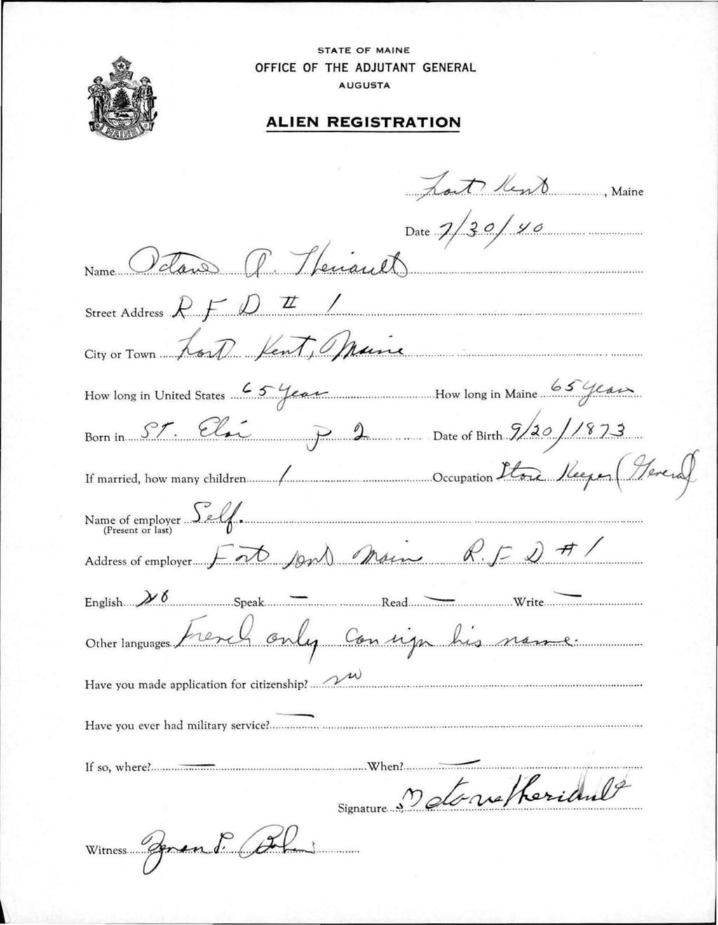Miniature of Alien Registration- Theriault, Octave A. (Fort Kent, Aroostook County)