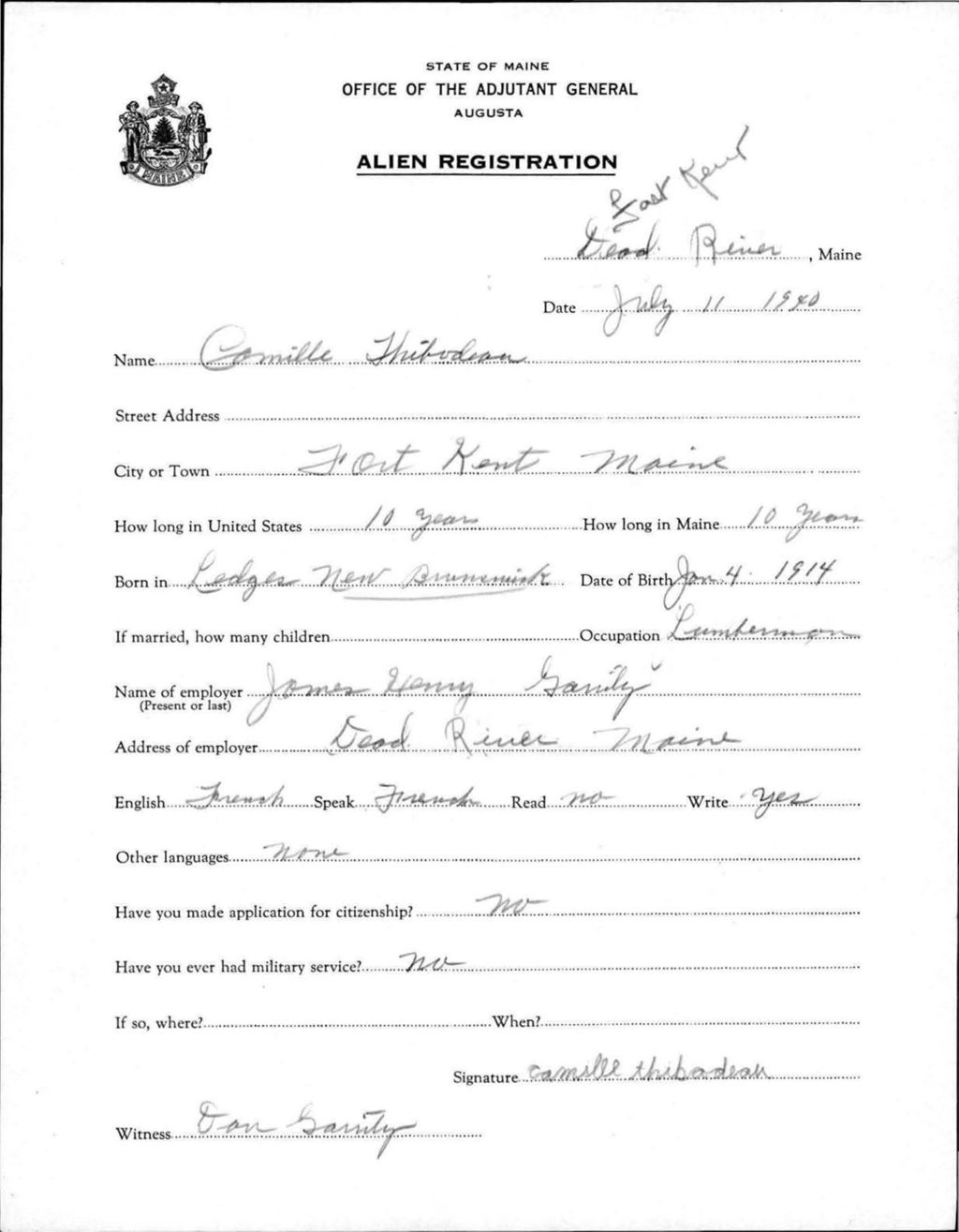 Miniature of Alien Registration- Thibodeau, Camille (Fort Kent, Aroostook County)