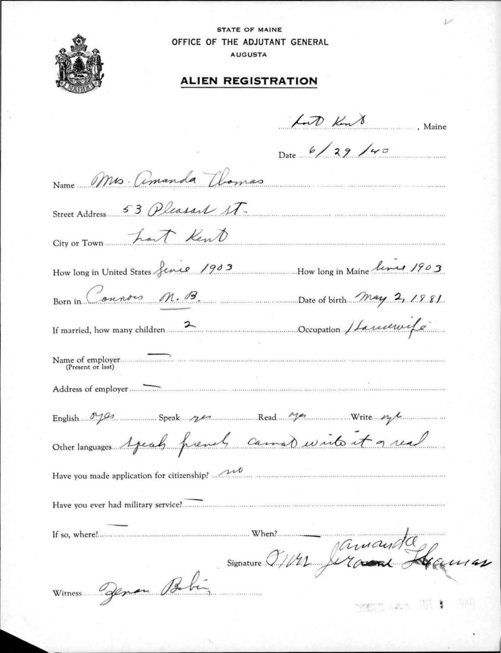 Miniature of Alien Registration- Thomas, Amanda (Fort Kent, Aroostook County)