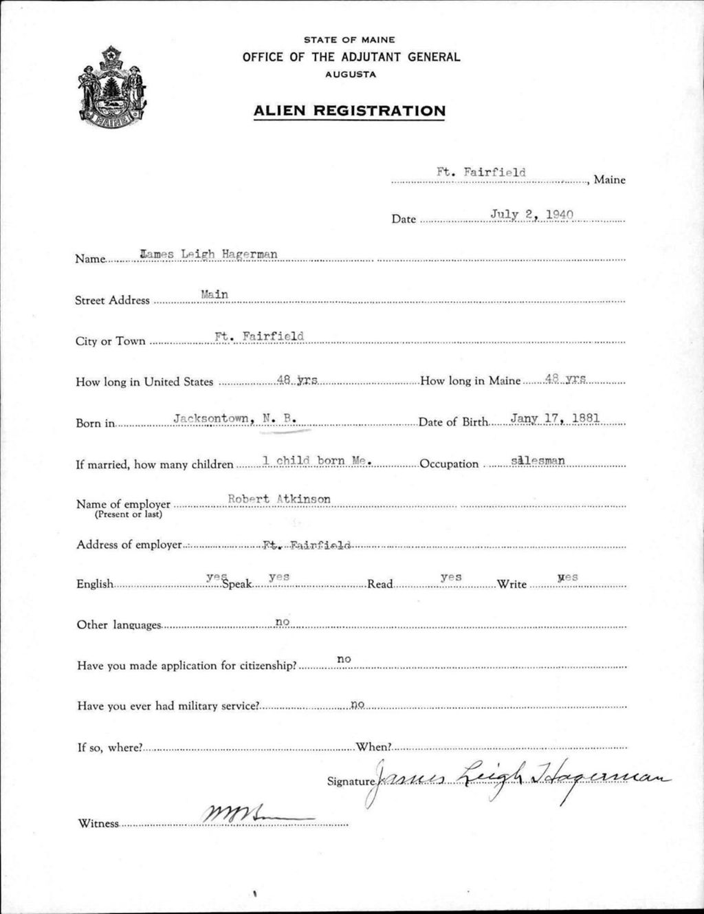 Miniature of Alien Registration- Hagerman, James L. (Fort Fairfield, Aroostook County)