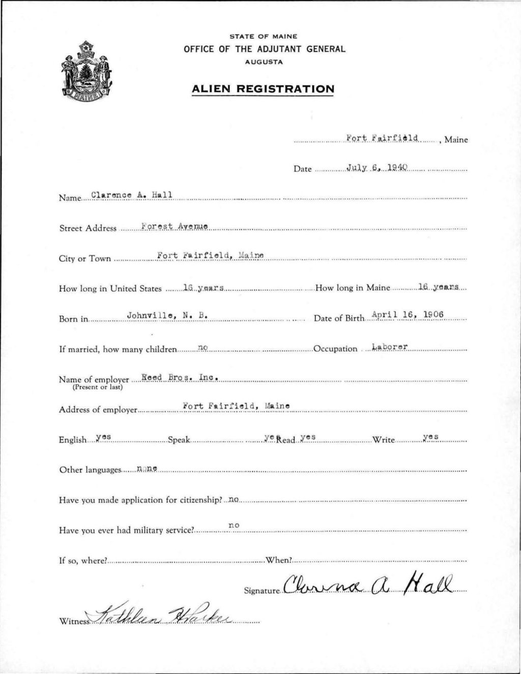 Miniature of Alien Registration- Hall, Clarence A. (Fort Fairfield, Aroostook County)