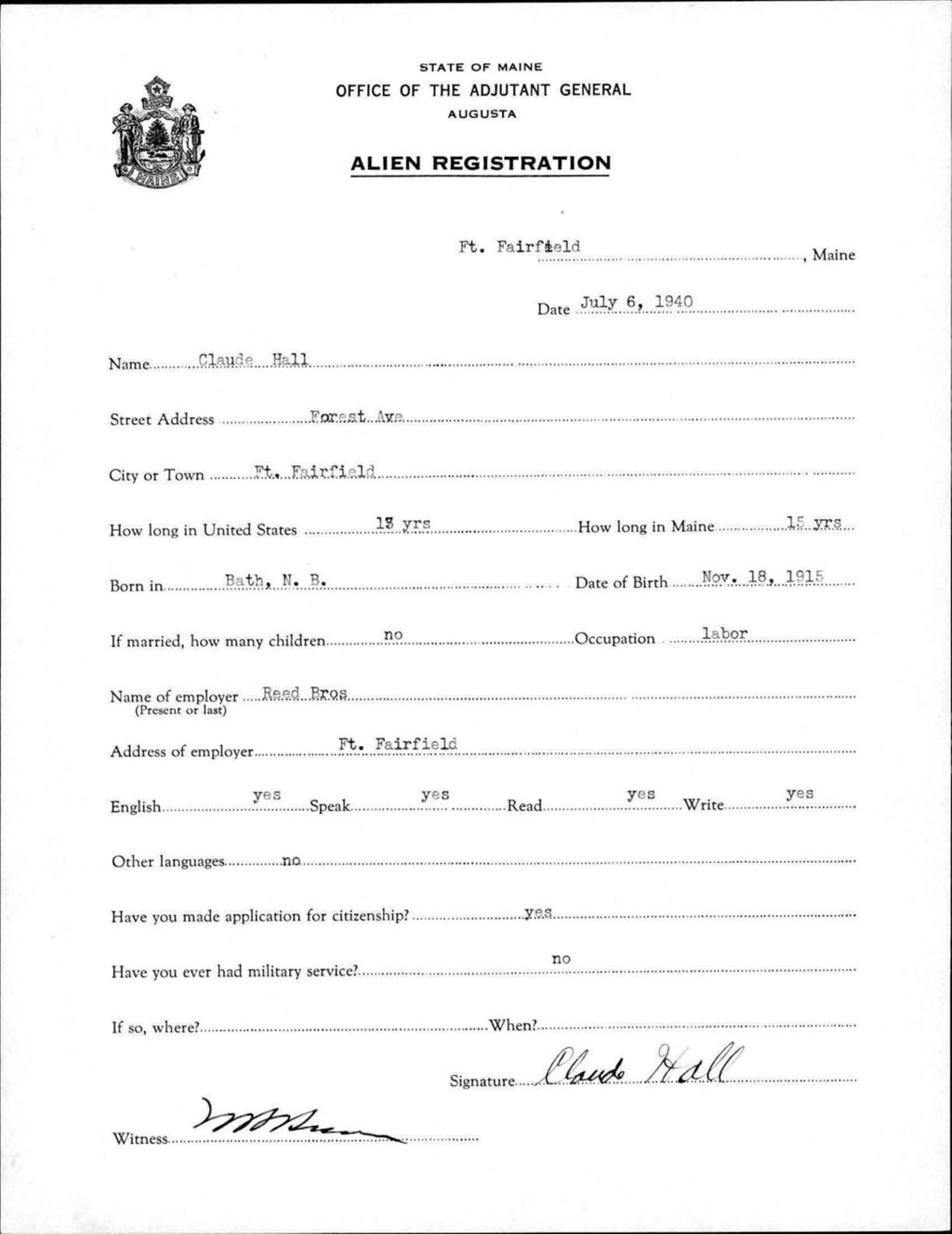 Miniature of Alien Registration- Hall, Claude (Fort Fairfield, Aroostook County)