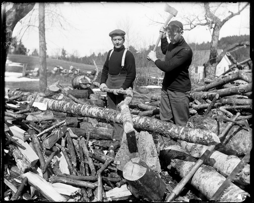 Miniature of Two Young Men Chopping Wood