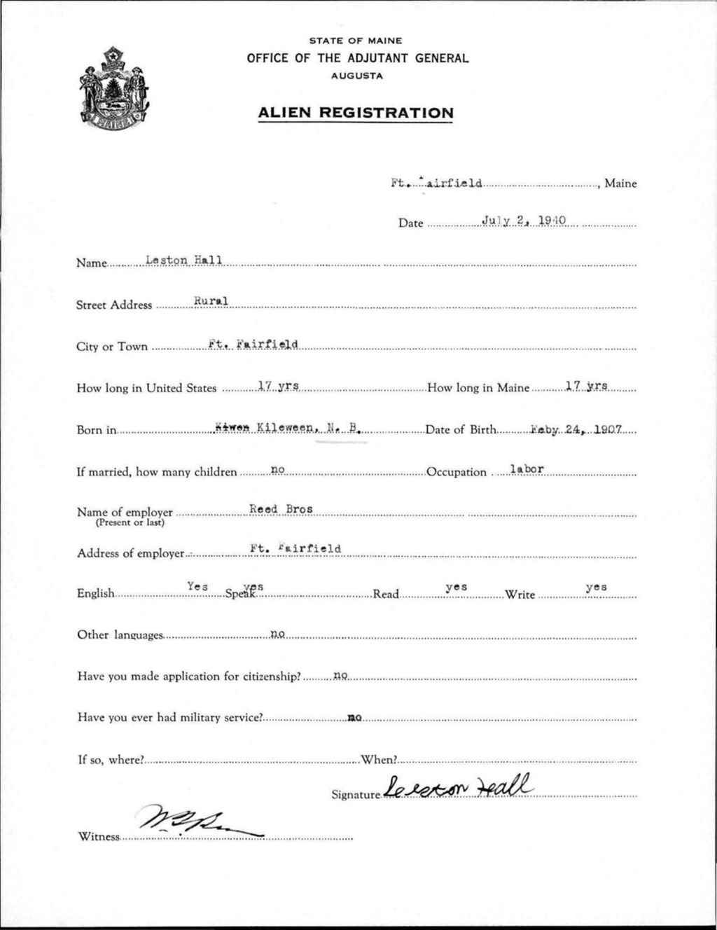 Miniature of Alien Registration- Hall, Leston (Fort Fairfield, Aroostook County)
