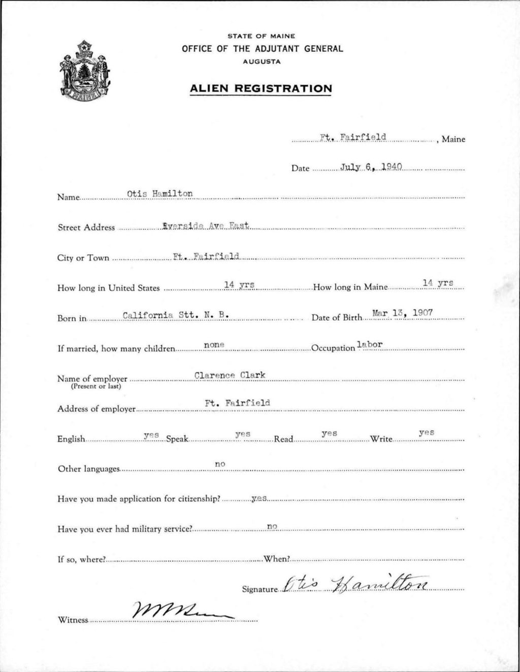 Miniature of Alien Registration- Hamilton, Otis (Fort Fairfield, Aroostook County)