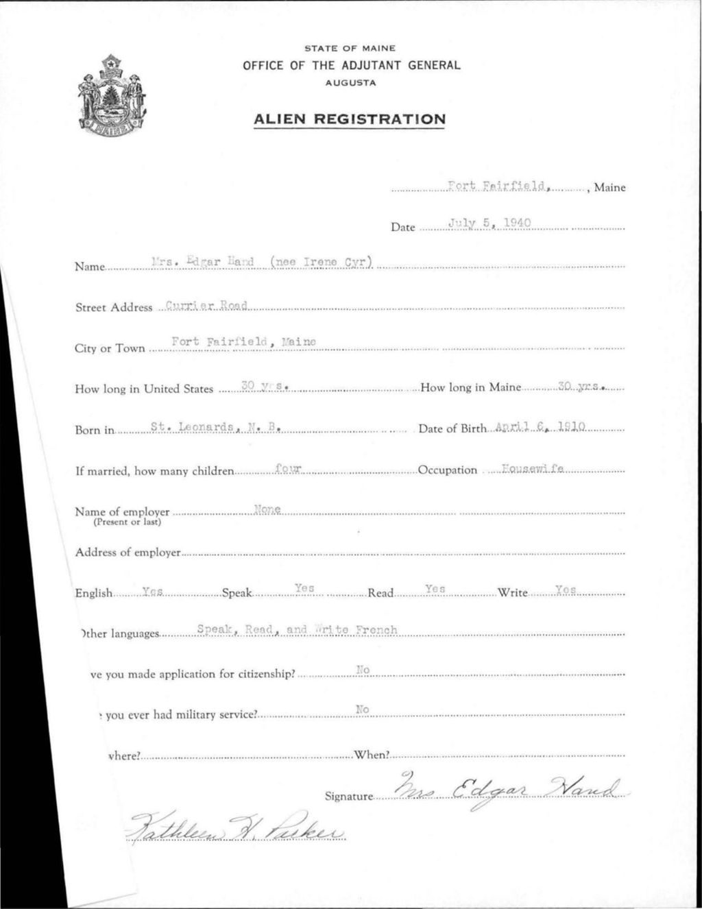 Miniature of Alien Registration- Cyr Hand, Irene (Fort Fairfield, Aroostook County)